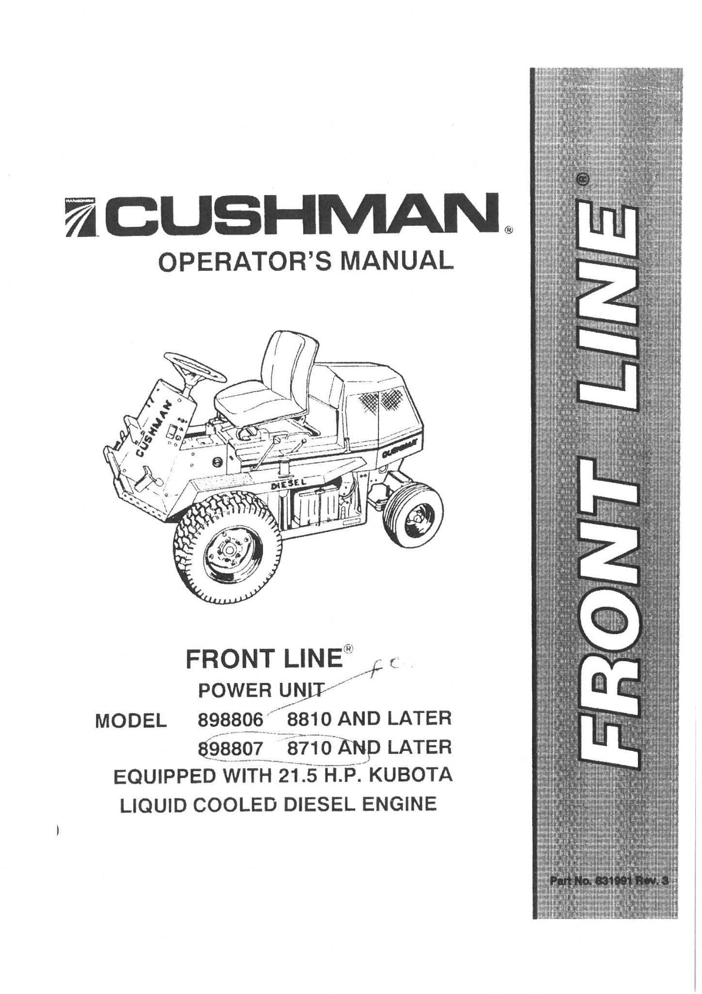 Cushman Front Line Power Unit 898806 898807 Operators Manual