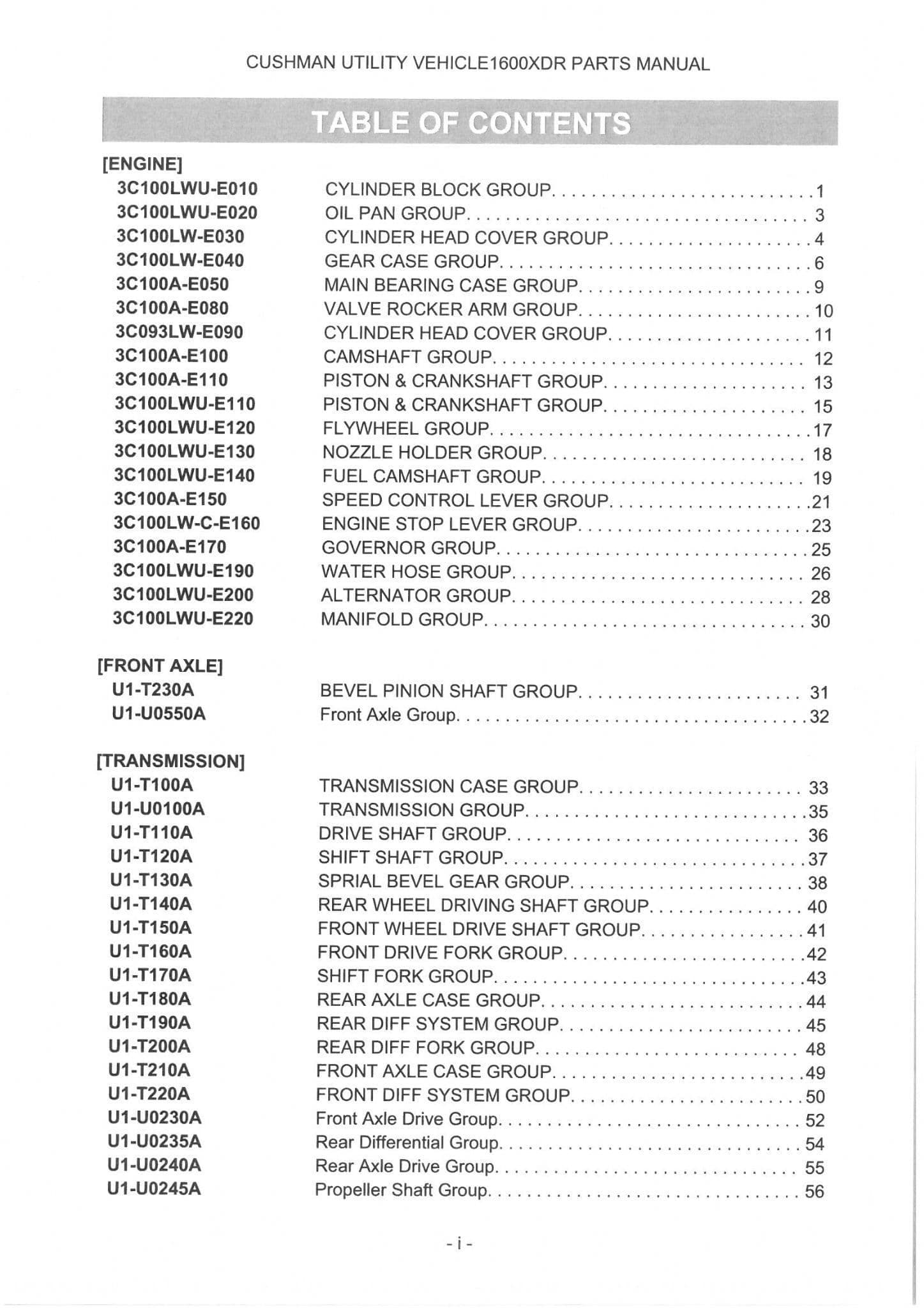 Cushman Utility Vehicle 1600XDR Parts Manual 1600 XDR