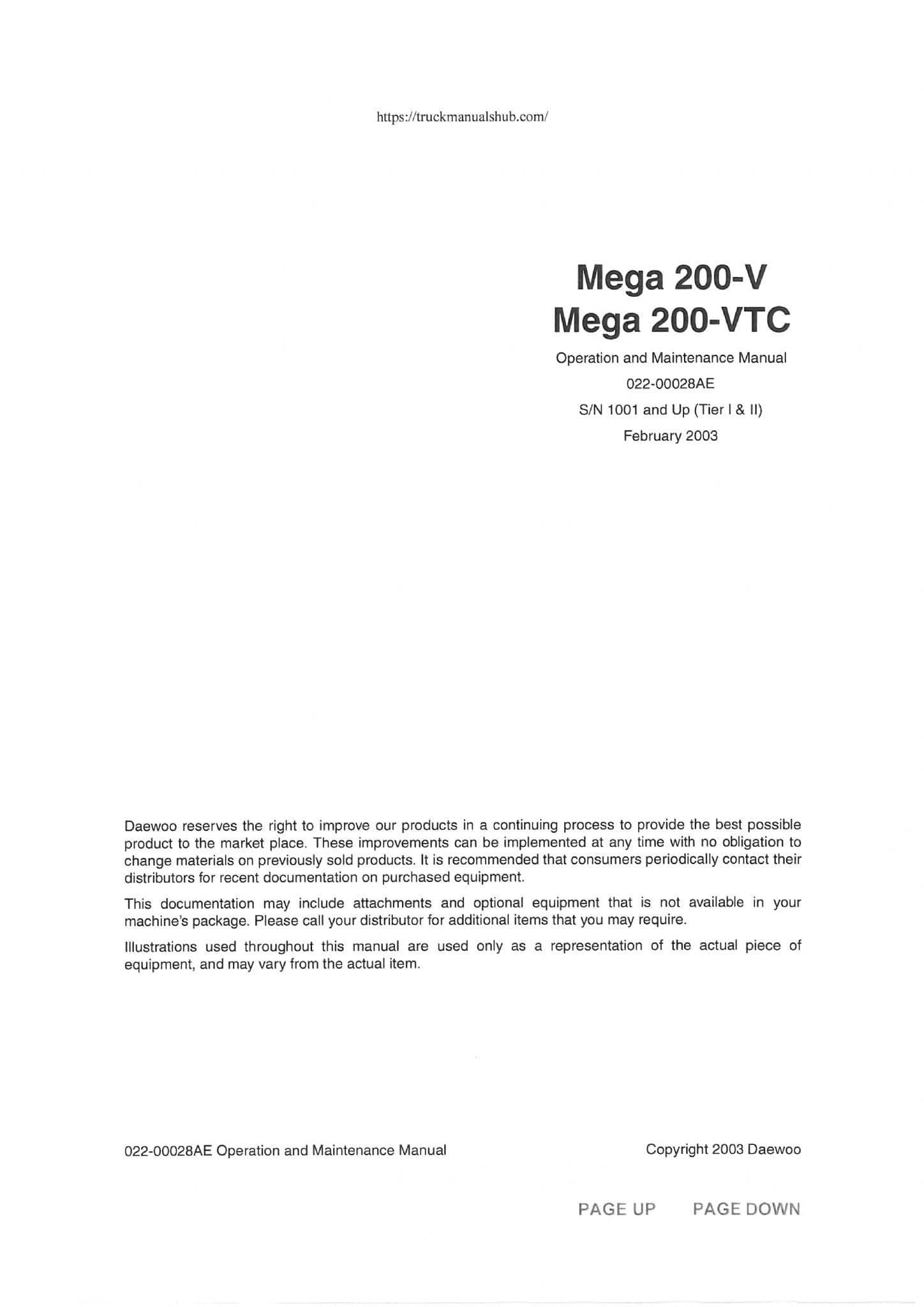 Daewoo Wheel Loader Mega 200-V Mega 200-VTC Operators Manual