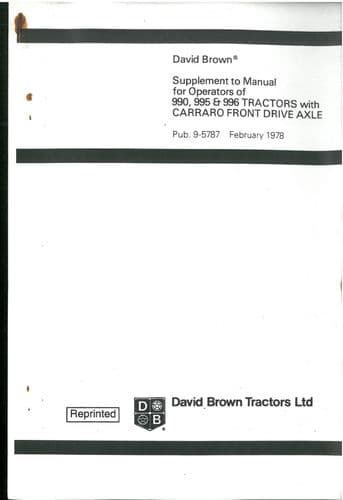 David Brown Tractor 990 995 996 Supplement To The Operators Manual