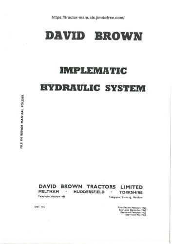 David Brown Tractor Implematic Hydraulic System Operators Manual