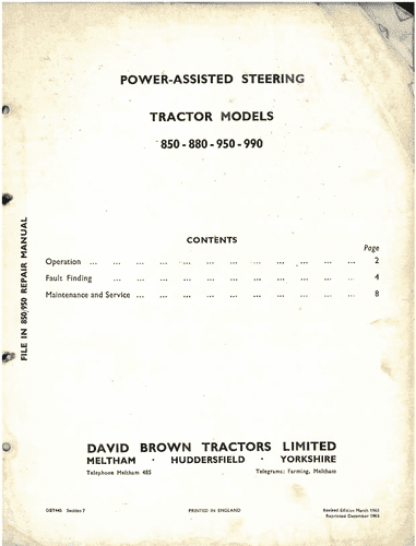 David Brown Tractor Power Assisted Steering 850 880 950 990 Operators Manual & Parts List
