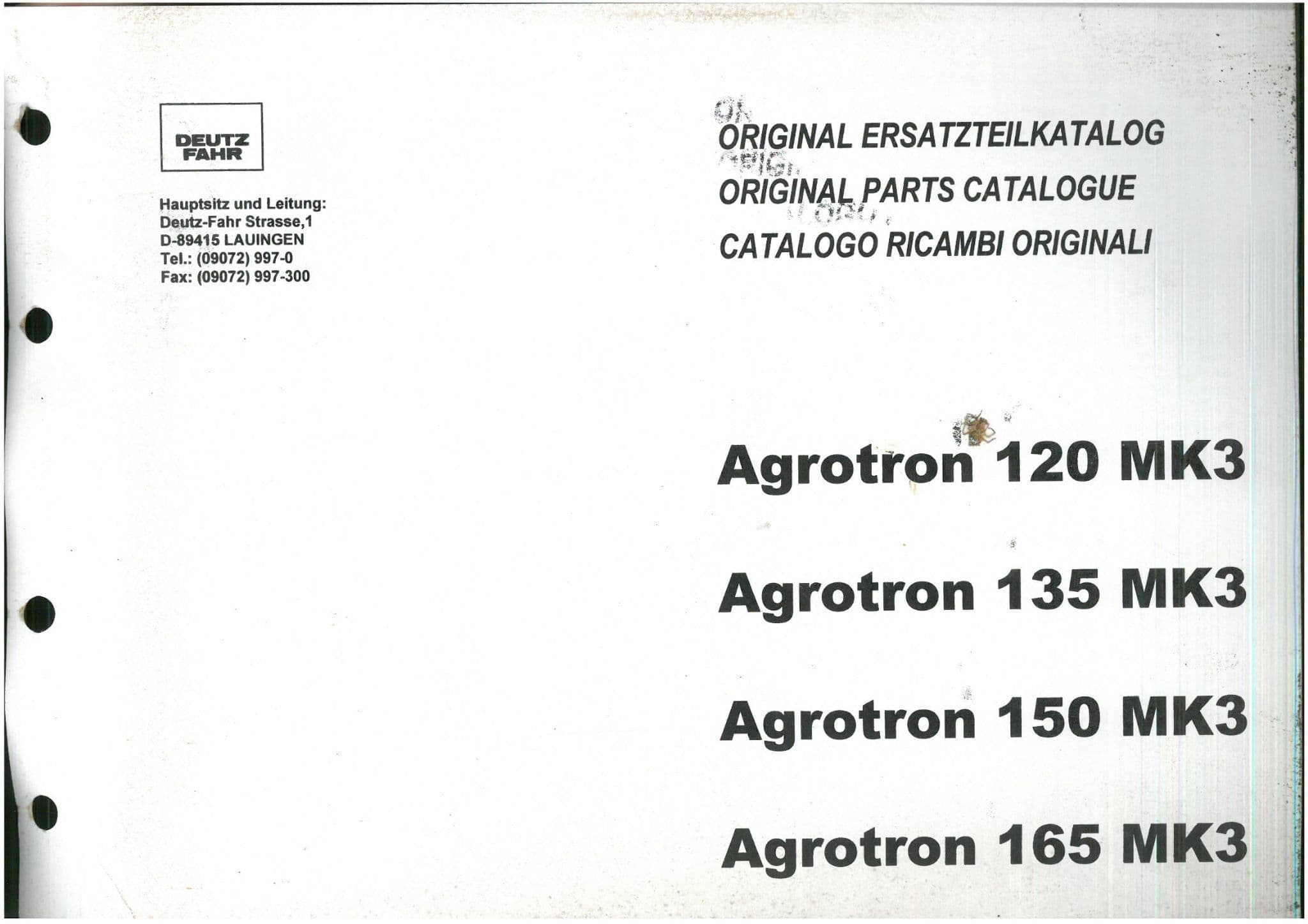 Deutz Fahr Tractor Agrotron 120, 135, 150, 165 (MK3) Parts Manual