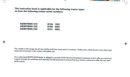 Deutz Fahr Tractor Agrotron 210 235 & 265 Operators Manual