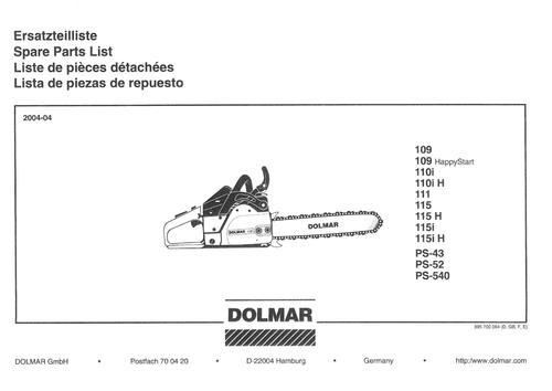 Dolmar Chainsaw 109,109HappyStart,110i,110iH,111,115,115H,115i,115iH,PS-43 PS-52 PS-540 Parts Manual