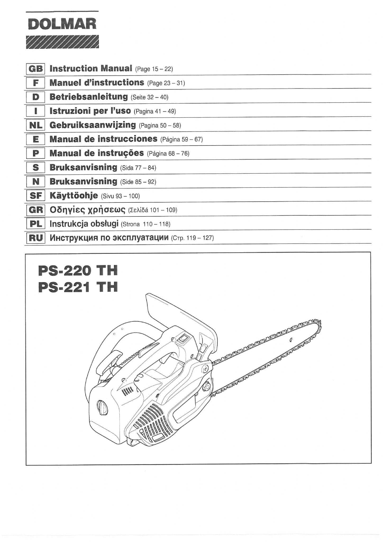 Dolmar Chainsaw PS-220 TH,  PS-221 TH Operators Manual