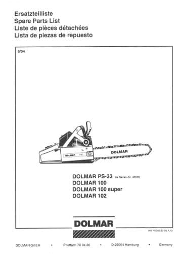 Dolmar Chainsaw PS-33, 100, 100 Super, 102 Parts Manual