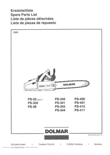 Dolmar Chainsaw PS-33 PS-330 PS-39 PS-340 PS-341 PS-342 PS-344 PS-400 PS-401 PS410 PS411 Part Manual