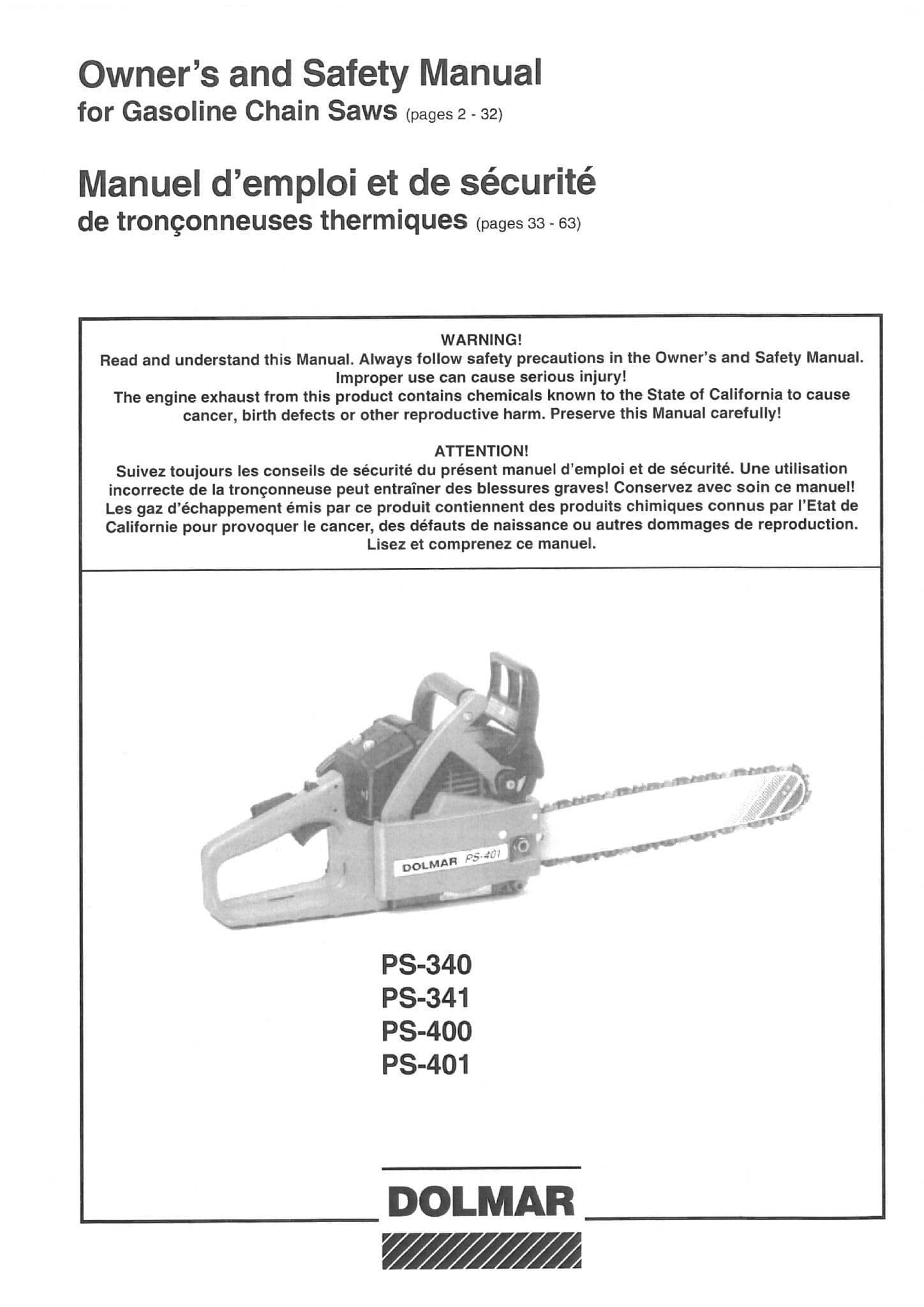 Dolmar Chainsaw PS-340 PS-341 PS-400 PS-401 Operators Manaul
