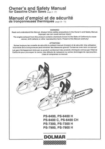 Dolmar Chainsaw PS-6400,PS-6400H,PS-6400C,PS-6400CH,PS-7300,PS7300H,PS-7900,PS7900H Operators Manual