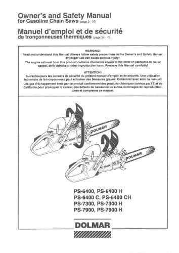 Dolmar Chainsaw PS6400 PS6400H PS6400C PS6400CH PS7300 PS7300H PS7900 PS7900H Operators Manual