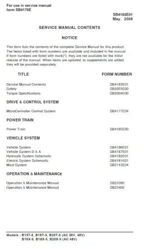 Doosan Forklift B15T-5 B18T-5 B20T-5 B16X-5 B18X-5 B20X-5 Workshop Service Manual