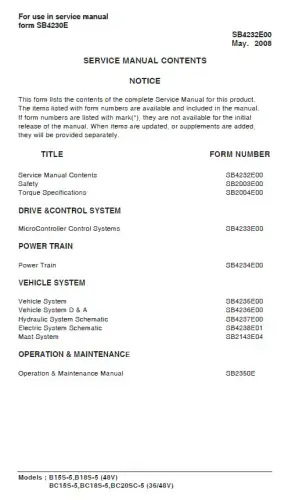 Doosan Forklift Diesel B15S-5 B18S-5 BC15S-5 BC18S-5 BC20SC-5 Workshop Service Manual