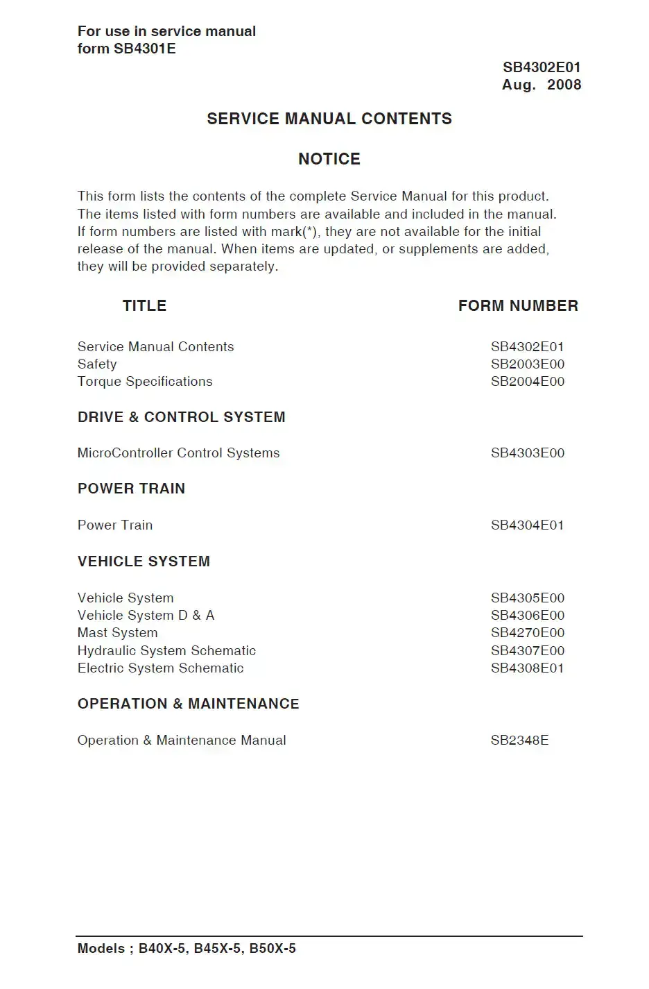 Doosan Forklift Diesel B40X-5 B45X-5 B50X-5 Workshop Service Manual