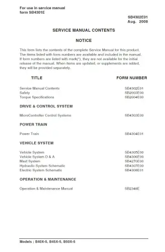 Doosan Forklift Diesel B40X-5 B45X-5 B50X-5 Workshop Service Manual
