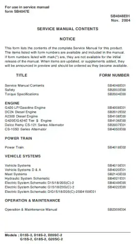 Doosan Forklift Diesel D15S-2 D18S-2 D20SC-2 G15S-2 G18S-2 G20SC-2 Workshop Service Manual