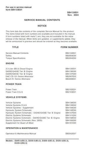 Doosan Forklift Diesel D20S-3 D25S-3 D30S-3 D32S-3 D33S-3 Workshop Service Manual