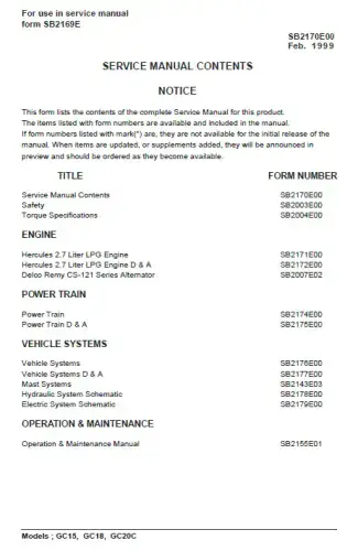 Doosan Forklift Diesel GC15 GC18 GC20C Workshop Service Manual