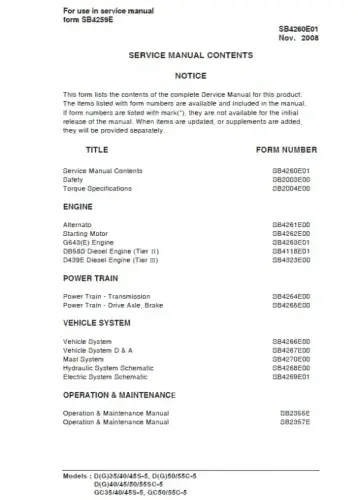 Doosan Forklift Diesel GC40S-5 GC45S-5 GC50C-5 GC55C-5  Workshop Service Manual