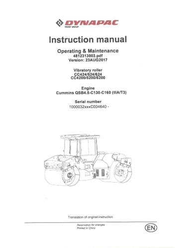 Dynapac Vibratory Roller CC424 CC524 CC624 CC4200 CC5200 CC6200 Operators Manual