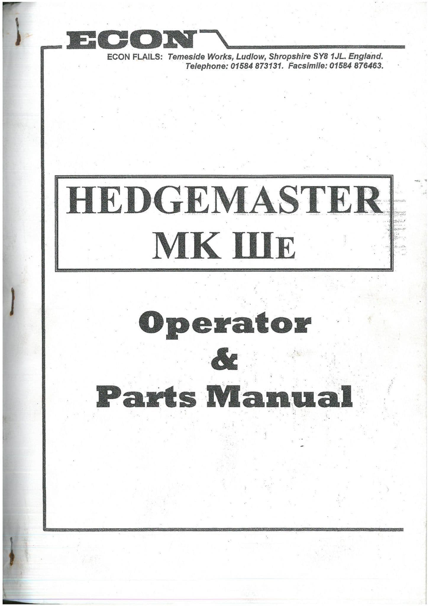 Econ Hedgemaster MK IIIE Operators Manual and Parts List