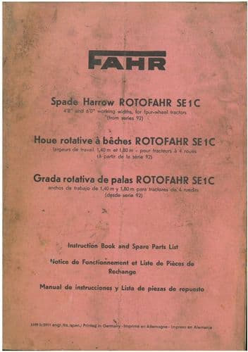 Fahr SE1C Spade Harrow ROTOFAHR Operators Manual and Parts List