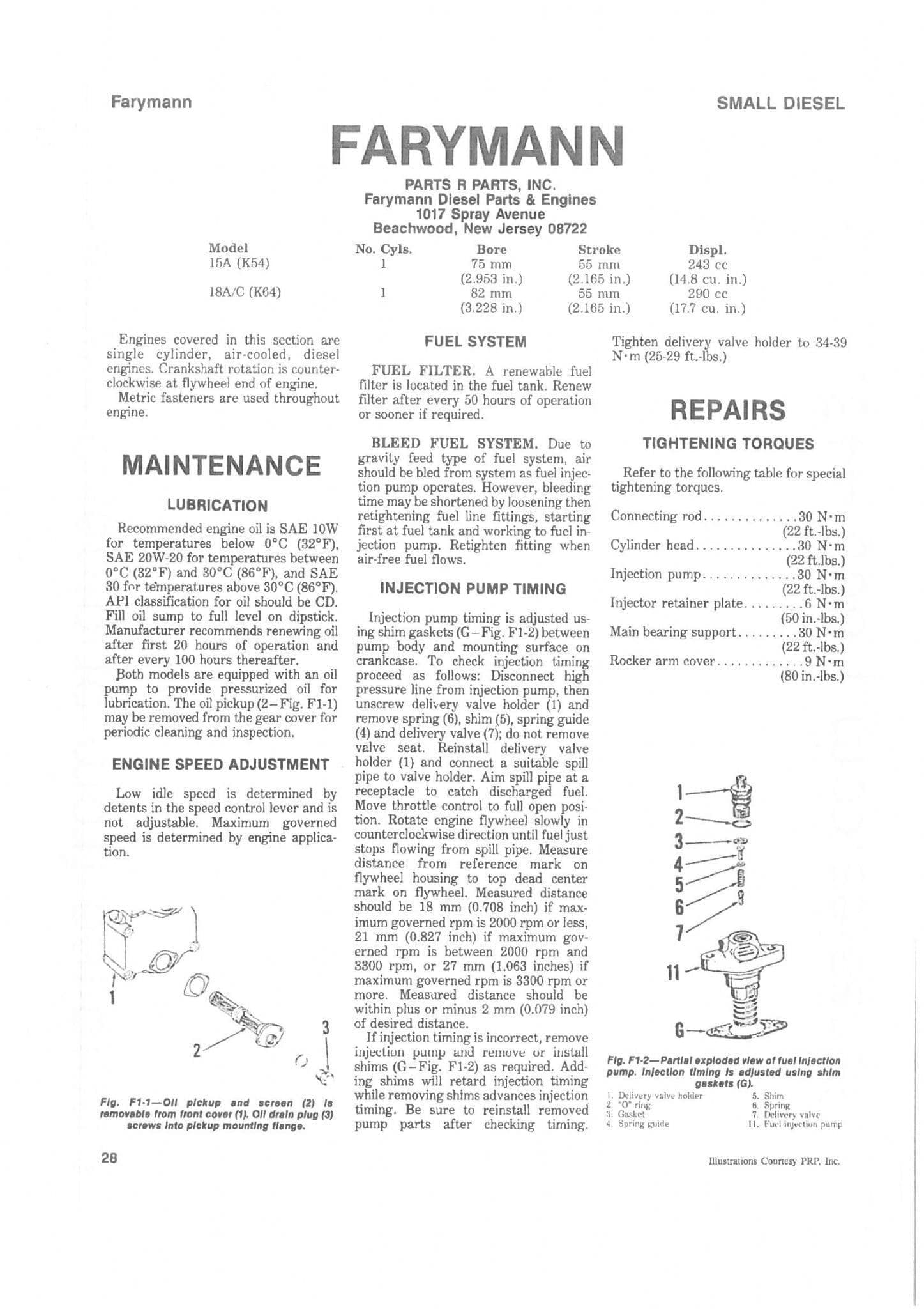 Farymann Small Diesel Engine Model 15A K54 & 18AC K64 I&T Manual