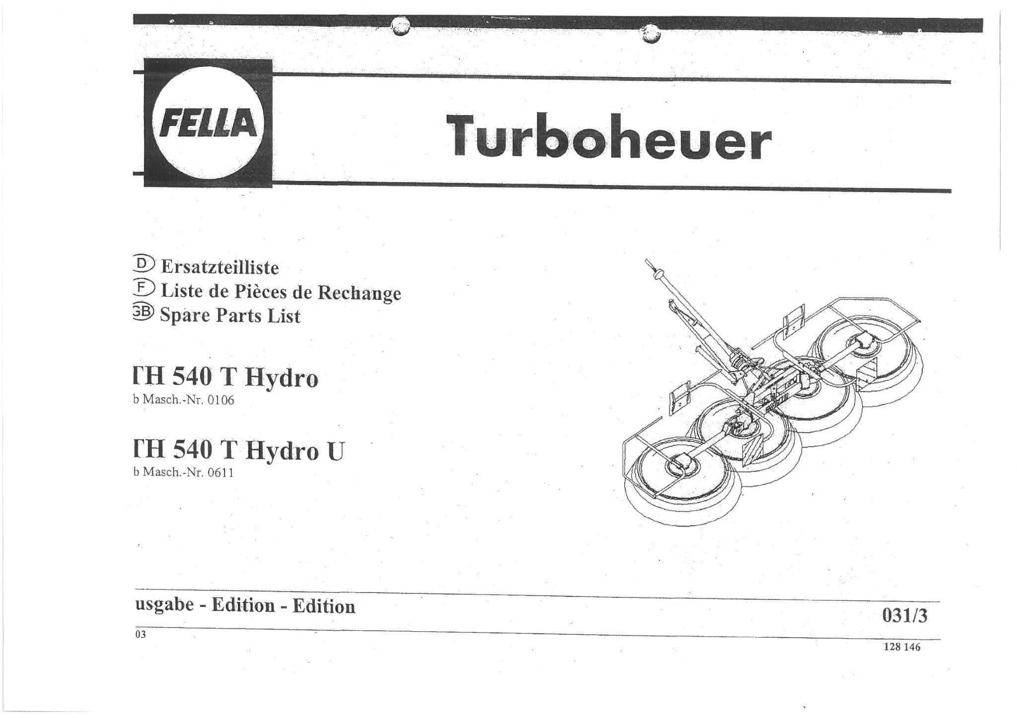 Fella Rotary Rake TH540T Hydro TH540T Hydro U Parts Manual - TH 540 T