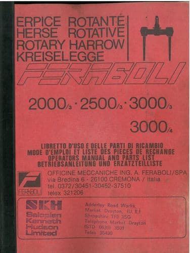Feraboli Rotary Harrow 2000/3 2500/3 3000/3 3000/4 Operators Manual with Parts List