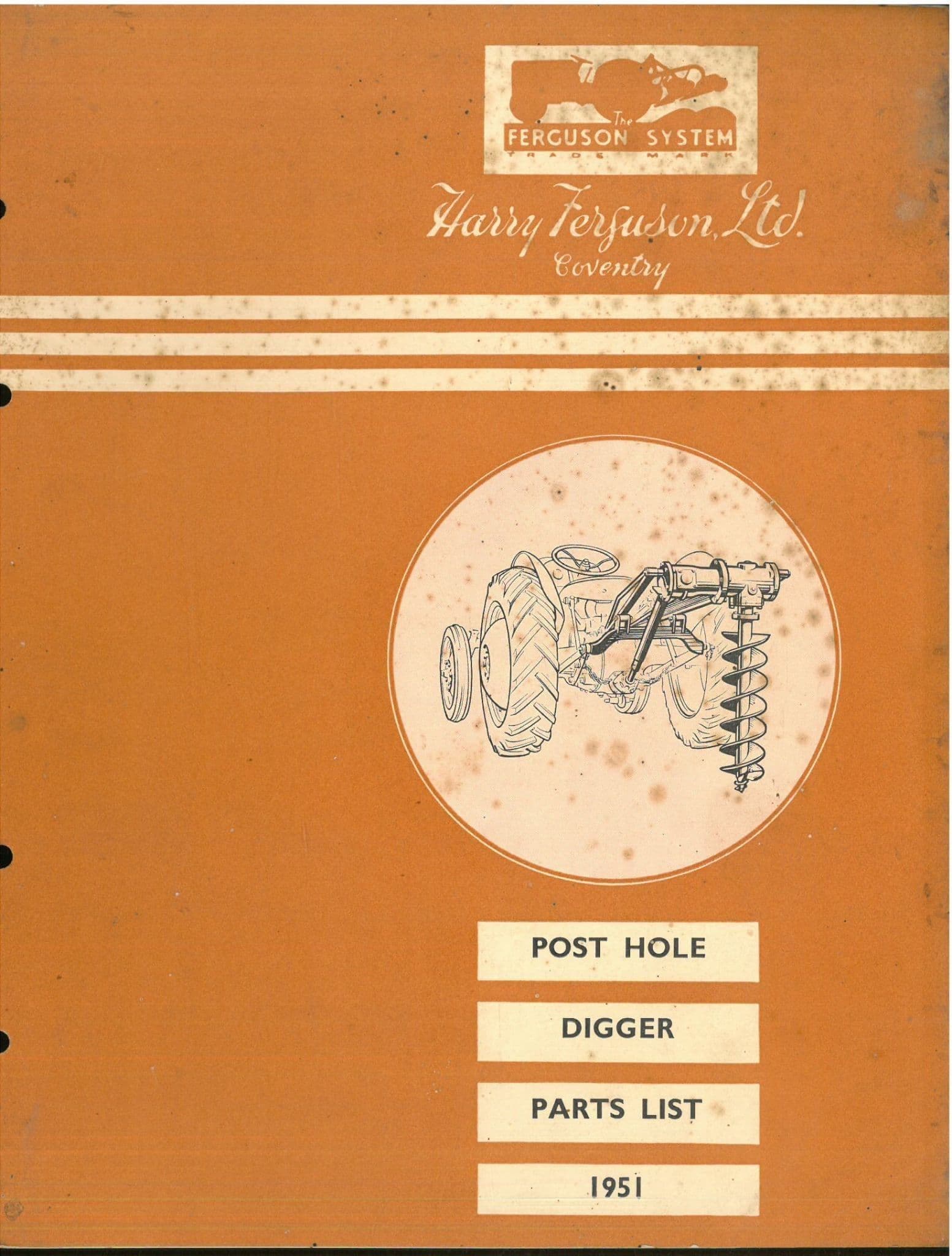 Ferguson Post Hole Digger Parts Manual 1951