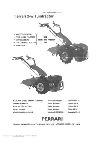 Ferrari 2 Wheel Tractor Tuintractor 340 346 Trendy Operators Manual