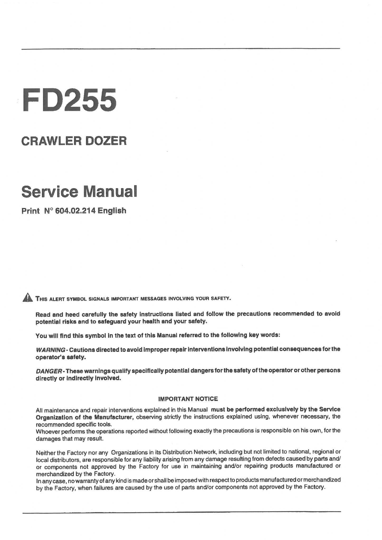 Fiat Allis Crawler Dozer FD225 Workshop Repair Manual
