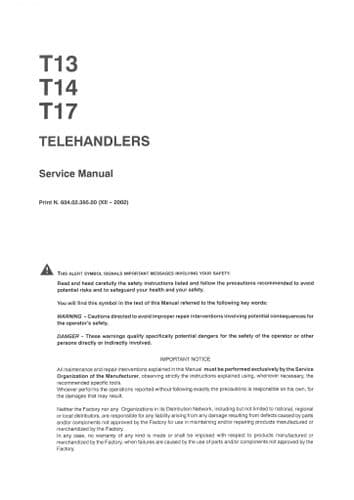 Fiat Kobelco Telehandler T13 T14 T17 Workshop Service Manual