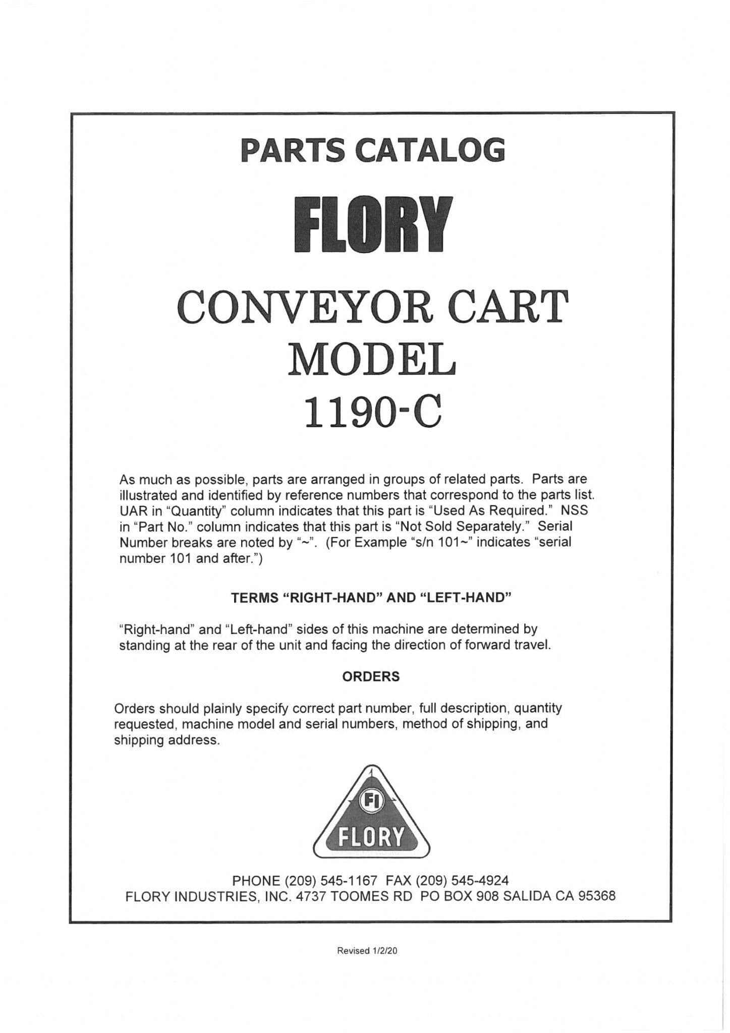 Flory Conveyor Cart 1190C Parts Manual
