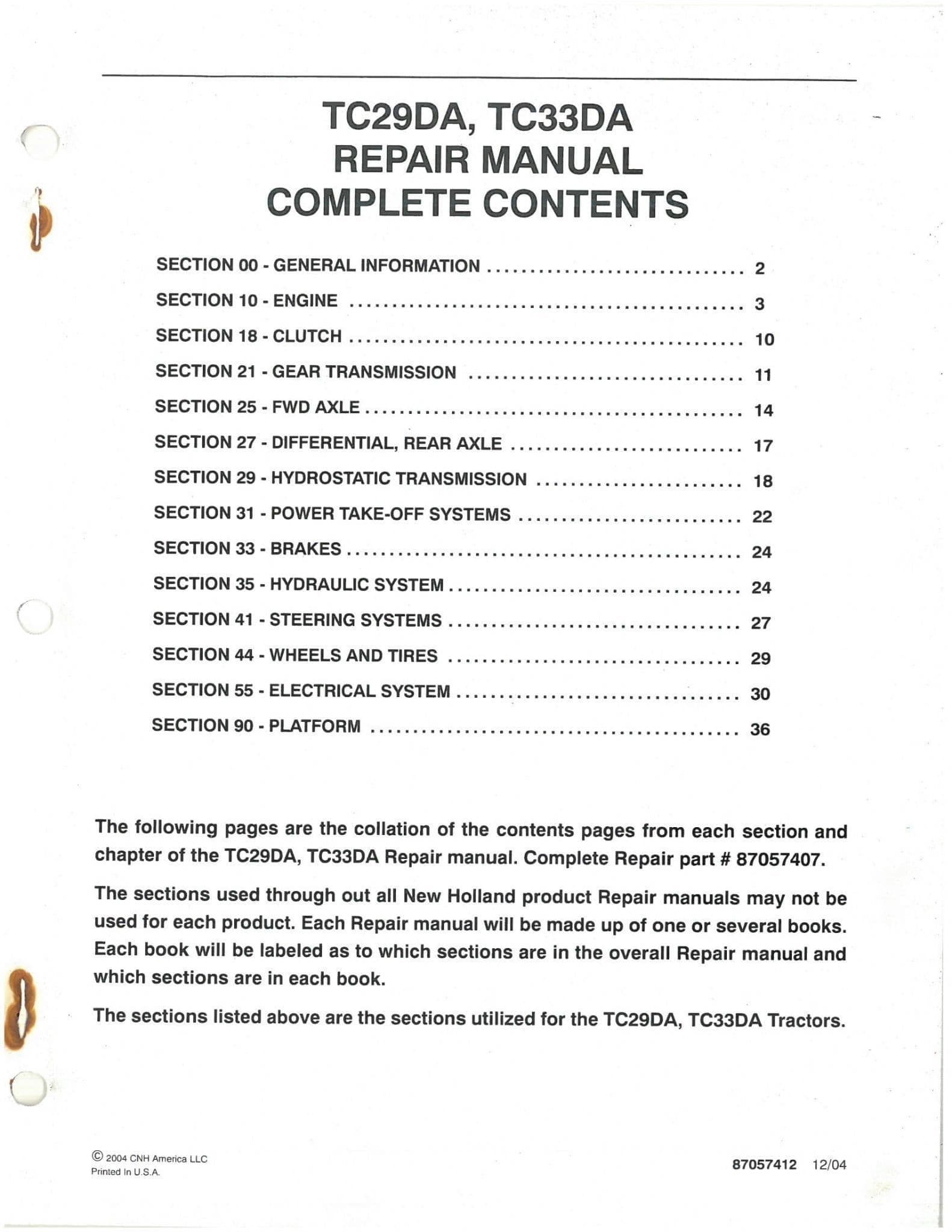 Ford New Holland Tractor TC29DA TC33DA Service Workshop Repair Manual