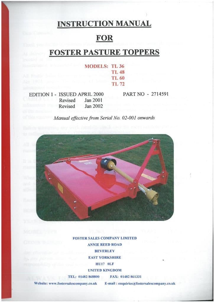 Foster Pasture Topper - Models TL36 TL48 TL60 TL72 Operators Manual