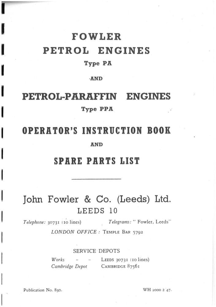 Fowler Engine Models PA Petrol & PPA PetrolParaffin Operators Manual with Parts List
