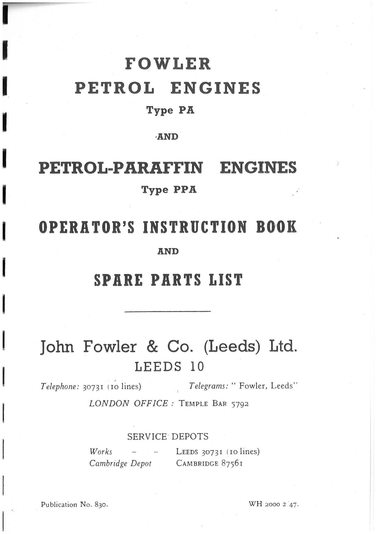 Fowler Engine Models PA Petrol & PPA PetrolParaffin Operators Manual