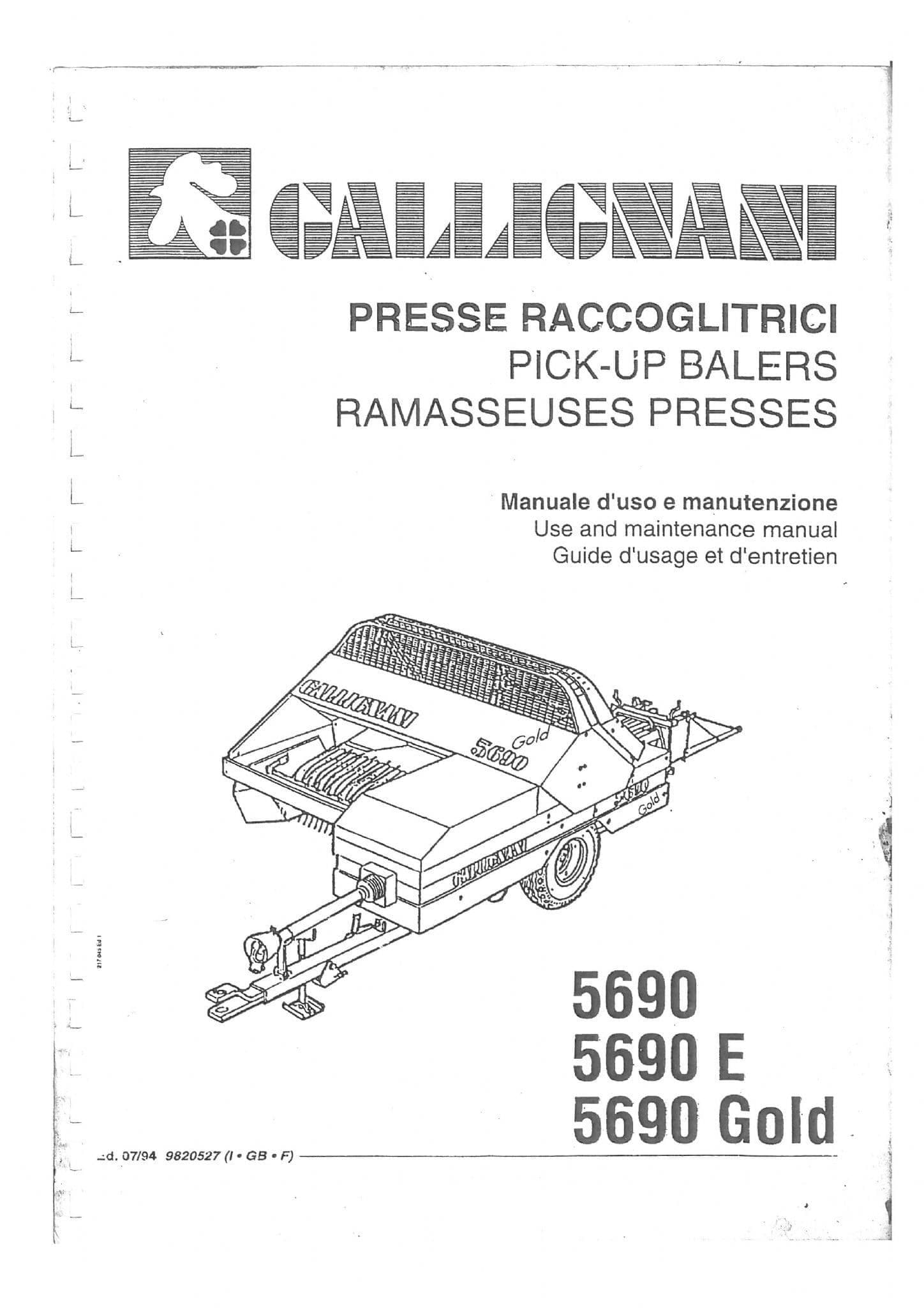 Gallignani Pick Up Baler 5690 5690E 5690 Gold Operators Manual