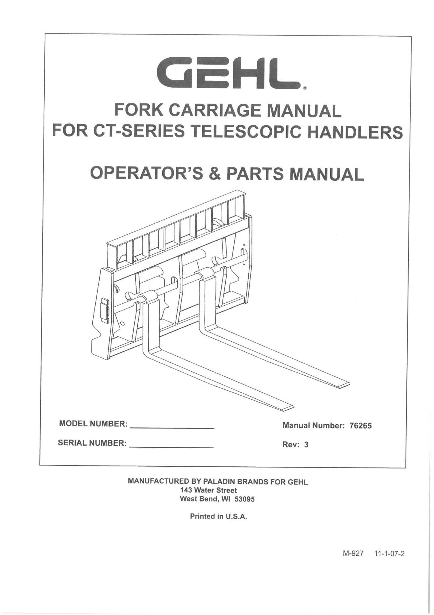Gehl CT Series Telescopic Handler Fork Carriage Operators Manual with Parts List