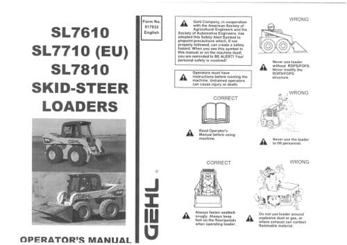 Gehl Skid Steer Loader Model SL7610 SL7710(EU) SL7810 Operators Manual SL 7610 7710 (EU) 7810