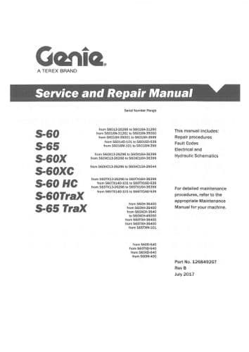 Genie Terex High Platform Cherry Picker S60 S65 S60X S60XC S60HC Workshop Service Manual