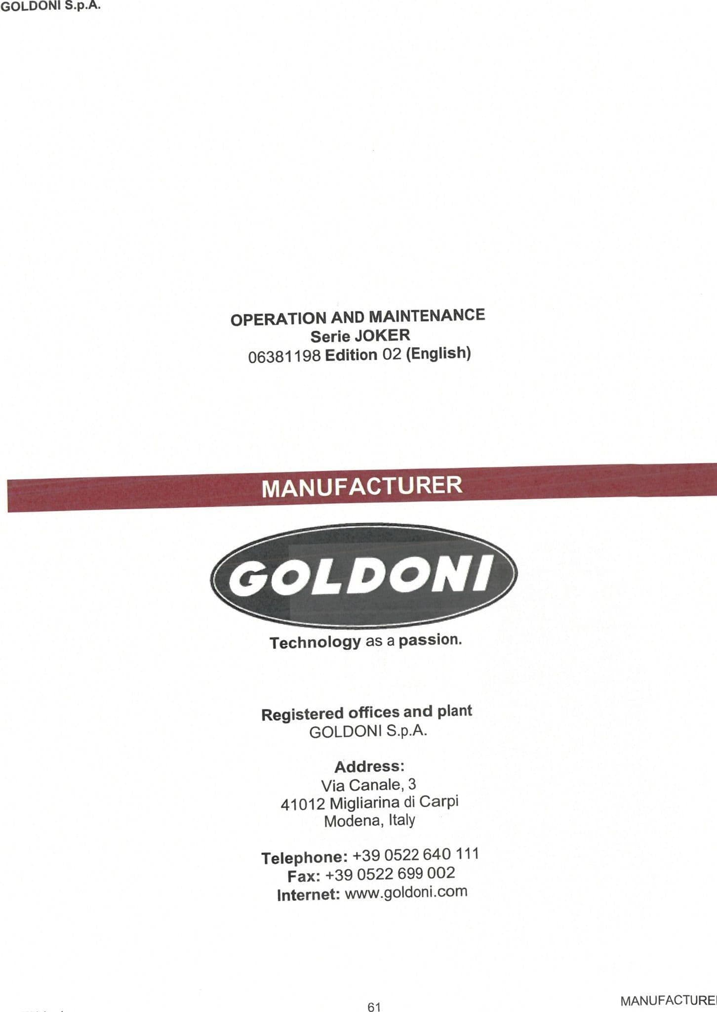 Goldoni 2 Wheel Tractor Joker 8DS 10DS 12S Operators Manual
