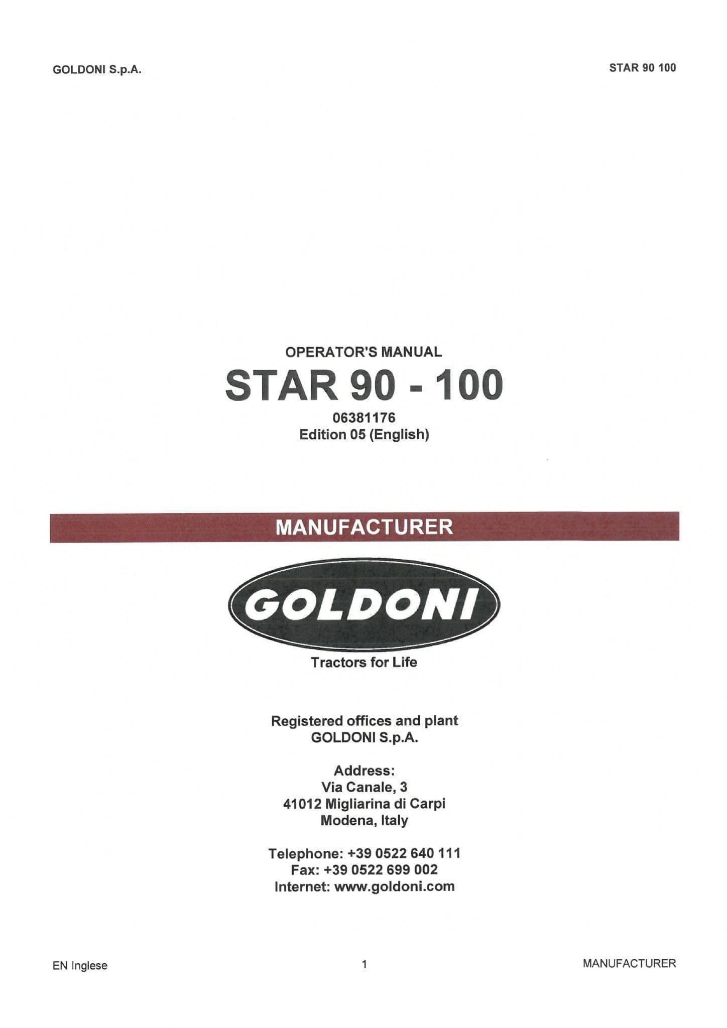Goldoni Tractor Star 90 100 SG1 GL11 Operators Manual