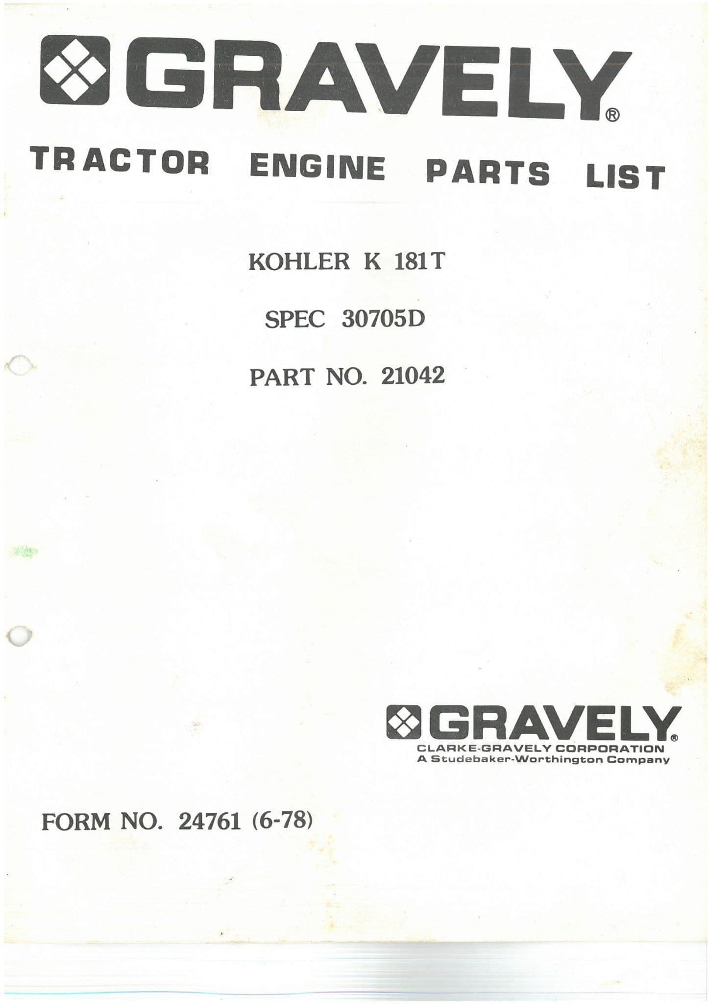 Gravely Lawn Tractor EngineKohler K181T Parts List