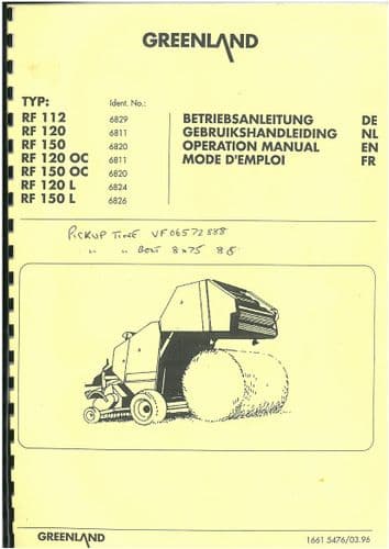 Greenland Round Baler RF112, RF120, RF150, RF120OC, RF150OC, RF120L & RF150L Operators Manual
