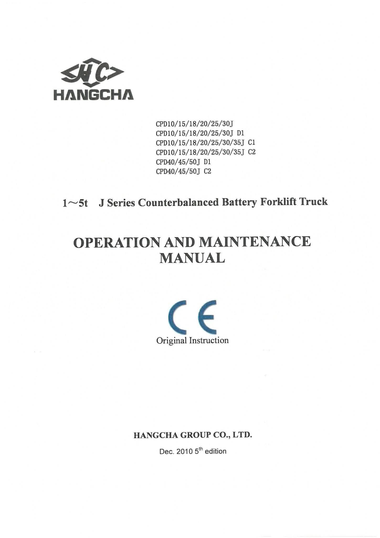Hangcha Counterbalanced Battery Forklift Truck CPD40 CPD45 CPD50J D1 C2 Operators Manual
