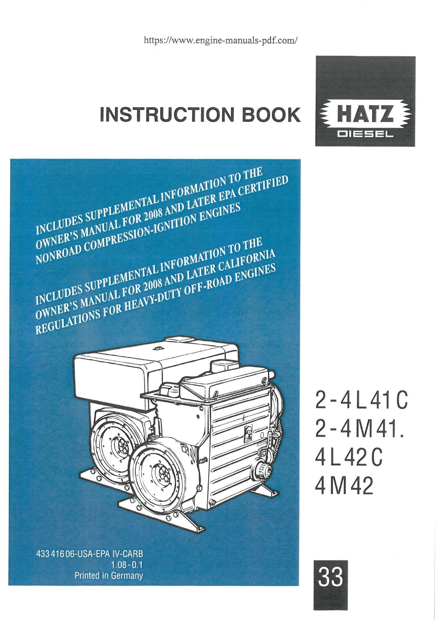 Hatz Diesel Engine 2-4L41C 2-4M41 4L42C 4M42 Operators Manual
