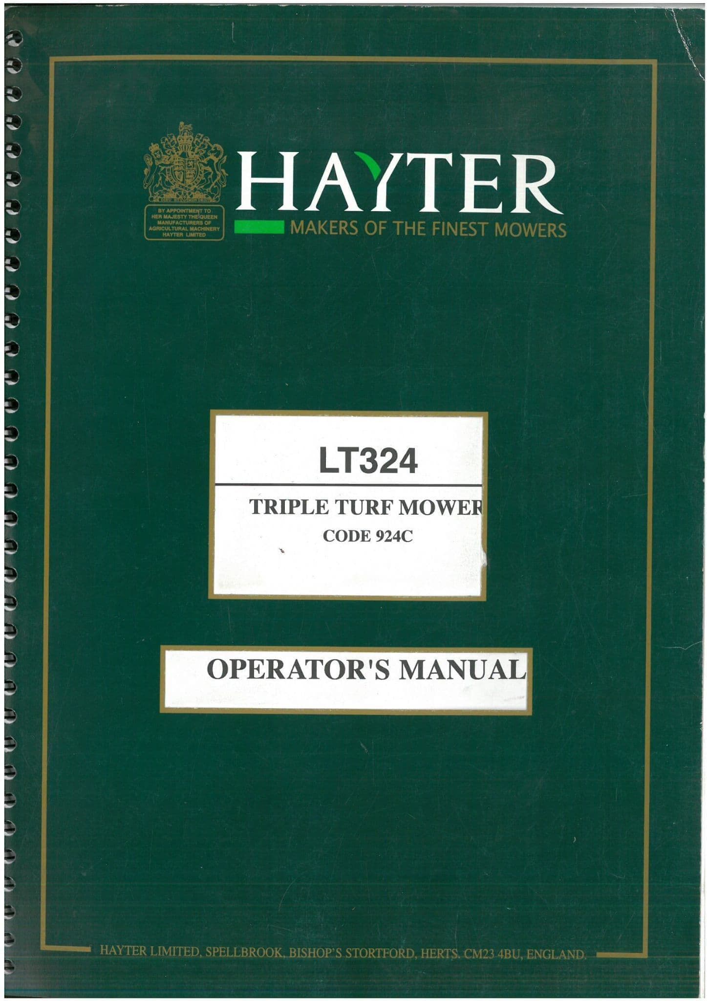 Hayter Triple Turf Mower LT324 Operators Manual - LT 324 - 924C