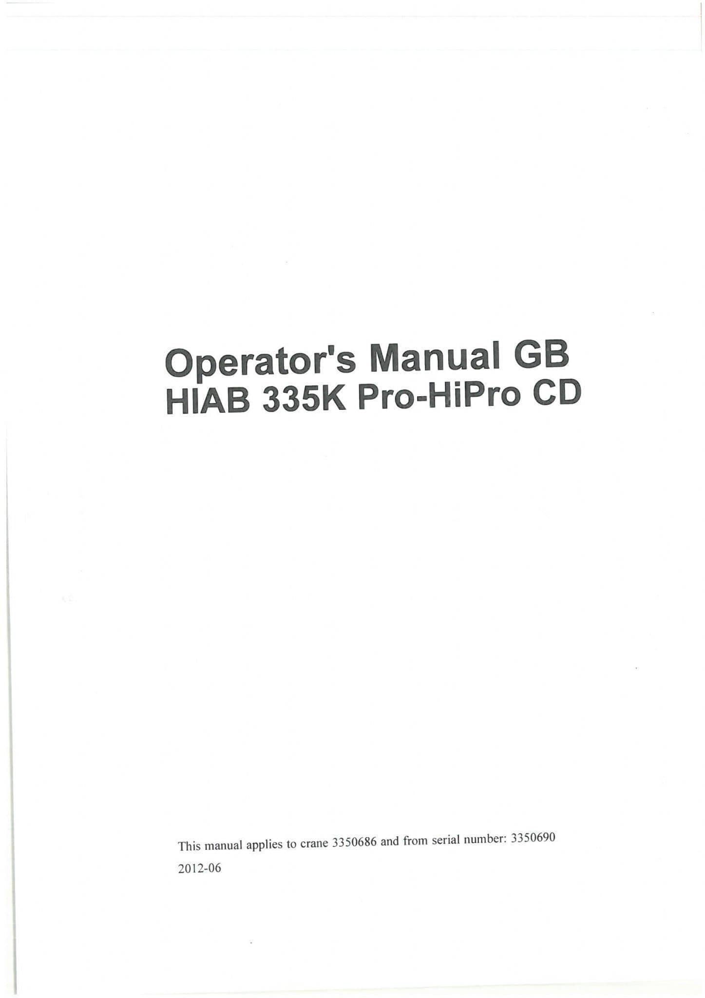 Hiab Crane Lift 335K ProHiPro CD Operators Manual GB